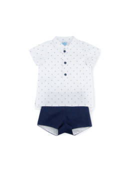 Completo neonato bianco blu camicia coreana e short